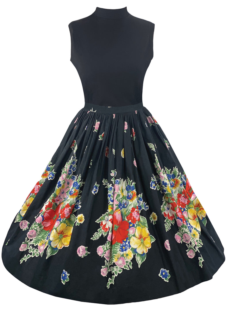 Beautiful 1950s Colourful Floral Black Cotton Skirt - New!