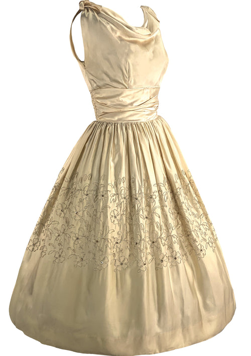 1950s Beaded Pale Gold Silk Satin Cocktail Dress - New!