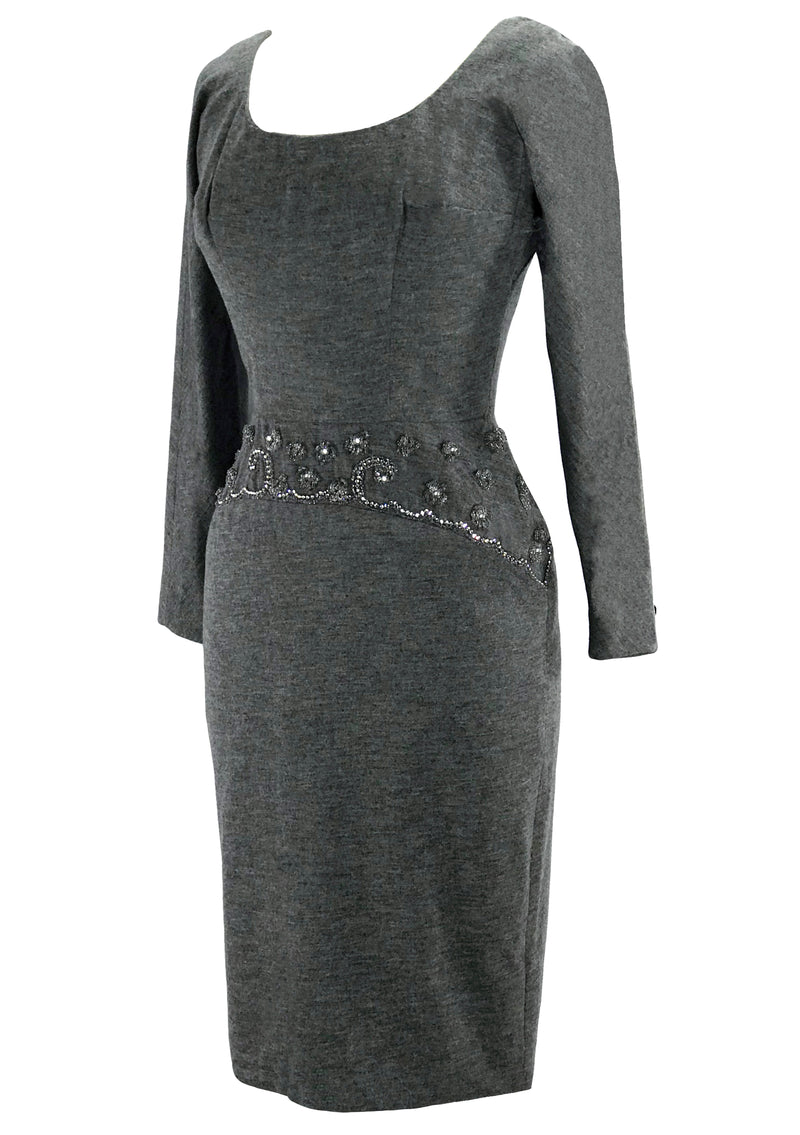 Vintage 1950s Charcoal Wool Wiggle Dress with Beading- New!