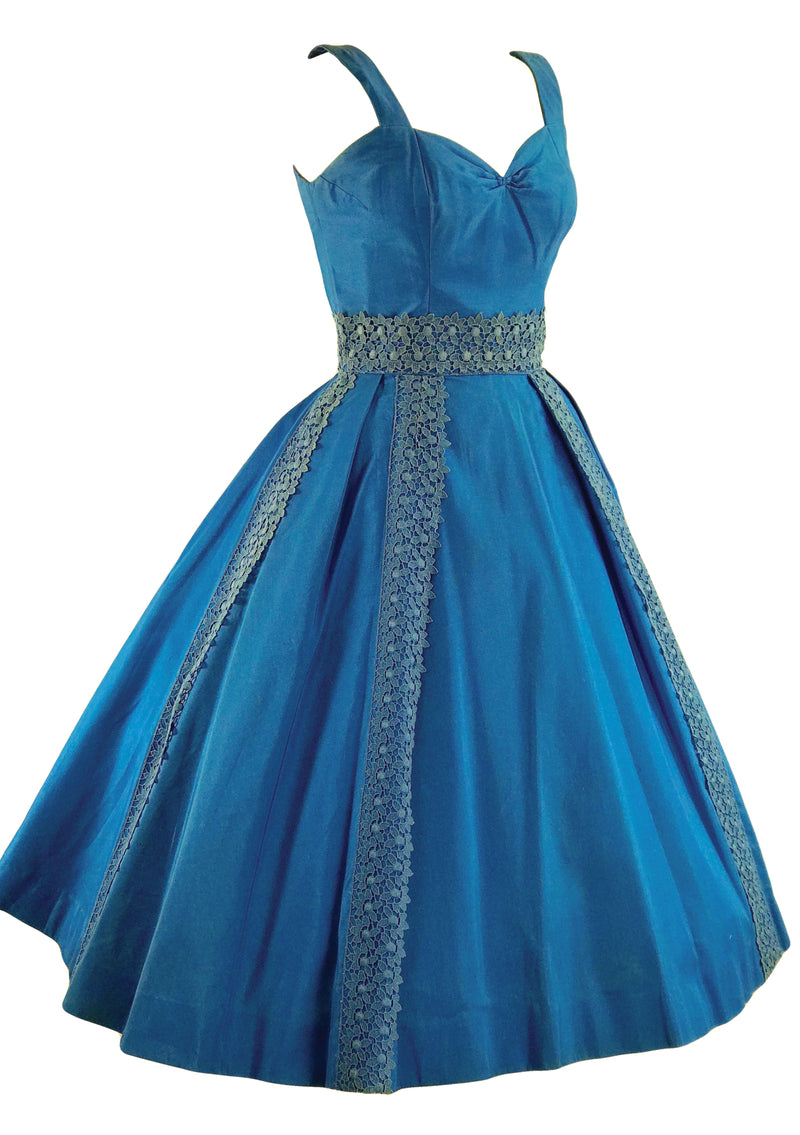 Vintage 1950s Capri Blue Glazed Cotton with Lace Dress - New!