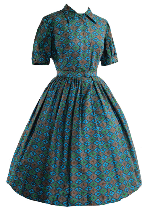 Late 1950s Early 1960s Blue Foulard Print Dress- New!