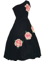 1950s Designer Black Velvet 3D Rose Appliques Dress - New!