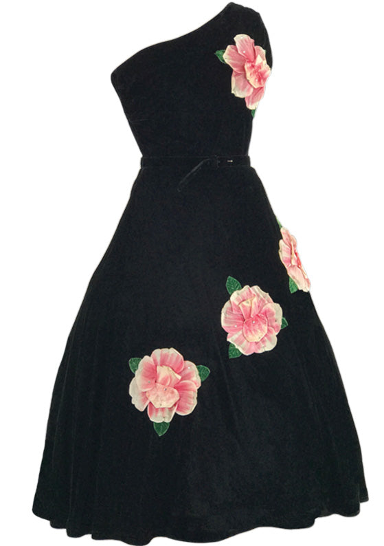 1950s Designer Black Velvet 3D Rose Appliques Dress - New!