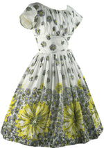 Late 1950s Yellow Daisy Border Print Cotton Dress - New!