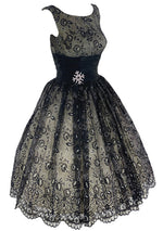 Late 1950s to Early 1960s Black Flocked Chiffon Party Dress- New!