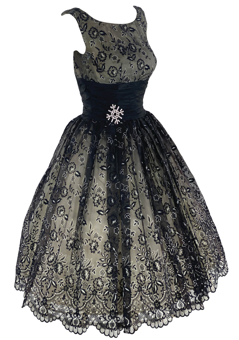 Late 1950s to Early 1960s Black Flocked Chiffon Party Dress- New!