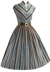 1950s Blue and Brown Chevron Stripe Cotton Dress- New!