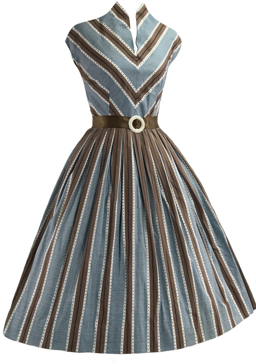 1950s Blue and Brown Chevron Stripe Cotton Dress- New!
