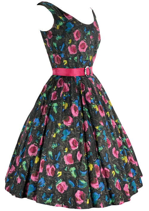 1950s Dark Pink Roses Sambo Fashions Dress - New!