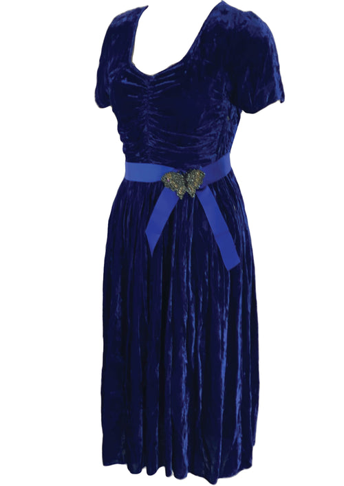 Vintage 1940s Royal Blue Crushed Velvet Dress- New! (ON HOLD)