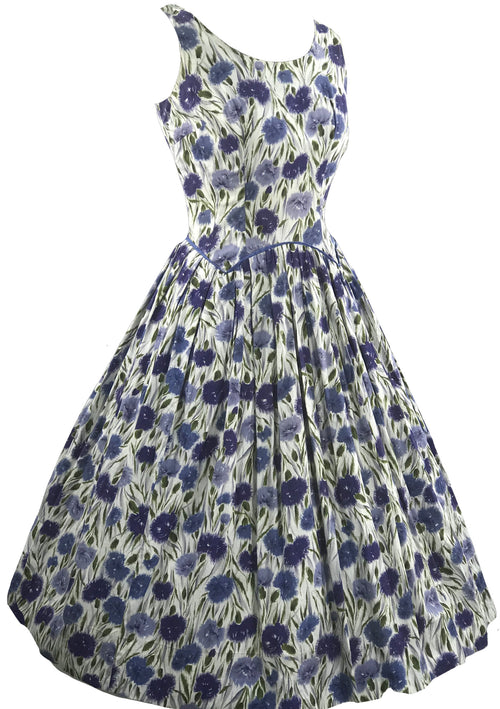 Vintage 1950s Blue Carnations Cotton Dress- New!