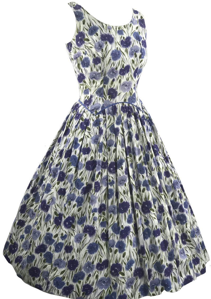 Vintage 1950s Blue Carnations Cotton Dress- New!