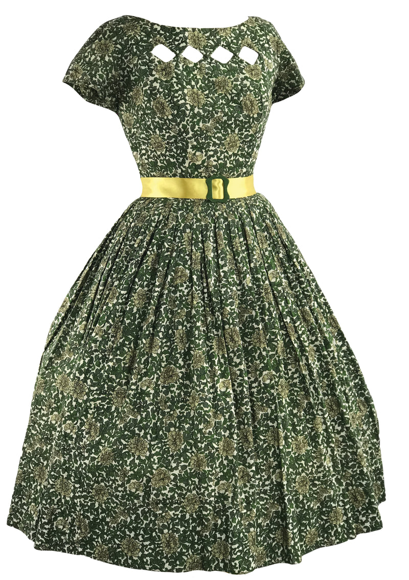 Vintage 1950s Green Floral Scrollwork Cotton Dress - New!