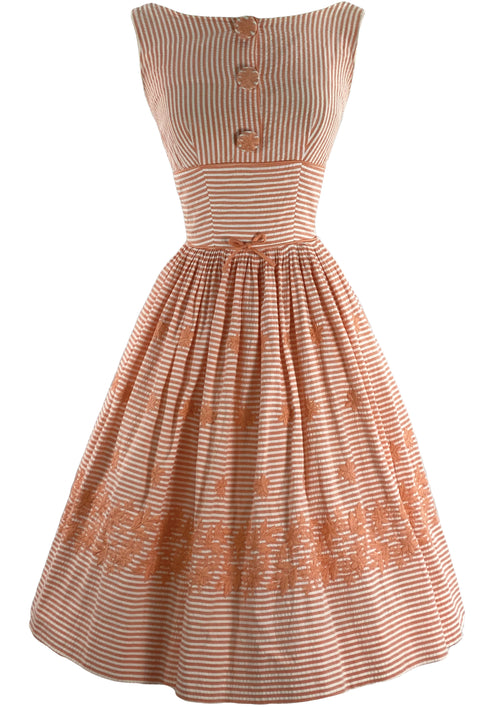 Vintage 1950s Embroidered Coral & White Stripes Dress- New!