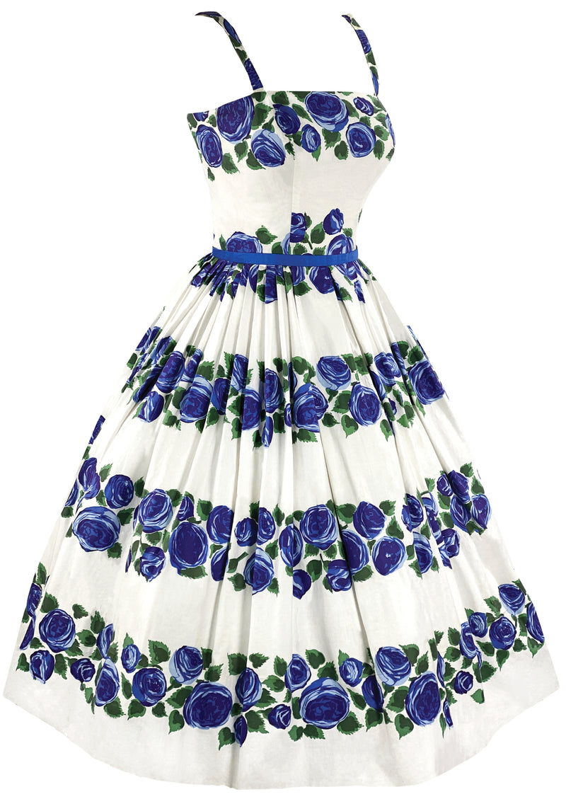 Late 1950s Blue Roses Designer Cotton Dress - NEW!