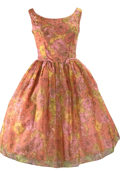 Original 1950s Peach Pink Floral Chiffon Party Dress - New!