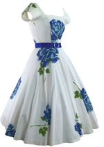 1950s Huge Blue Long Stem Roses Pique Dress - New!
