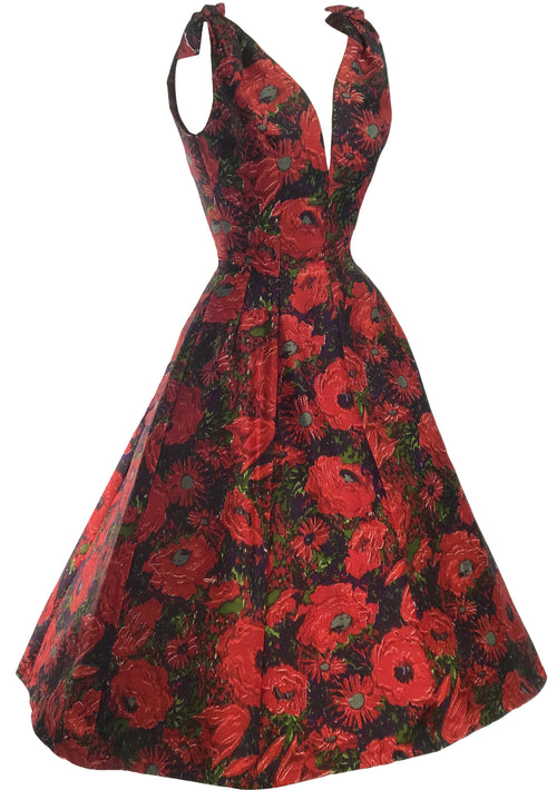 Late 1950s Early 1960s Red Floral Silk Designer Party Dress- New!