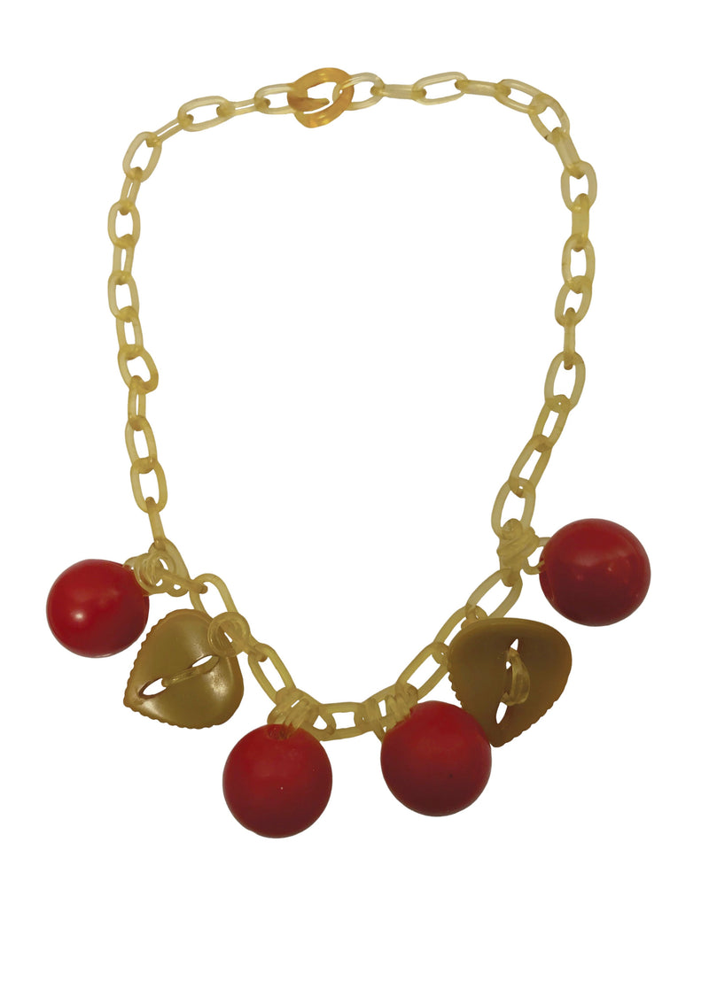 1940s Red Bakelite Cherries Necklace with Celluloid Chain- New! (ON HOLD)