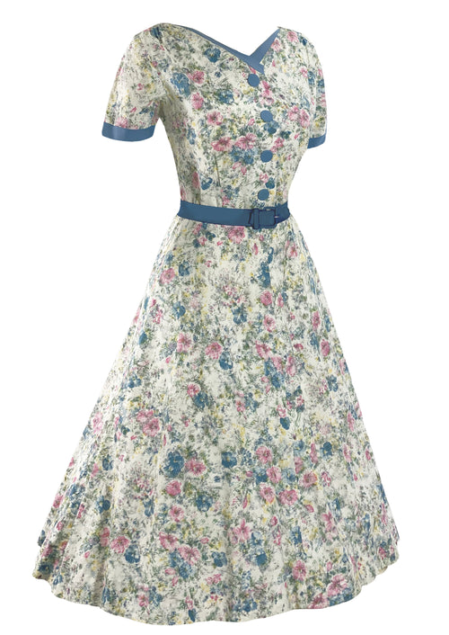 Vintage 1940s Pink & Blue Floral Cotton Dress - New! (ON HOLD)