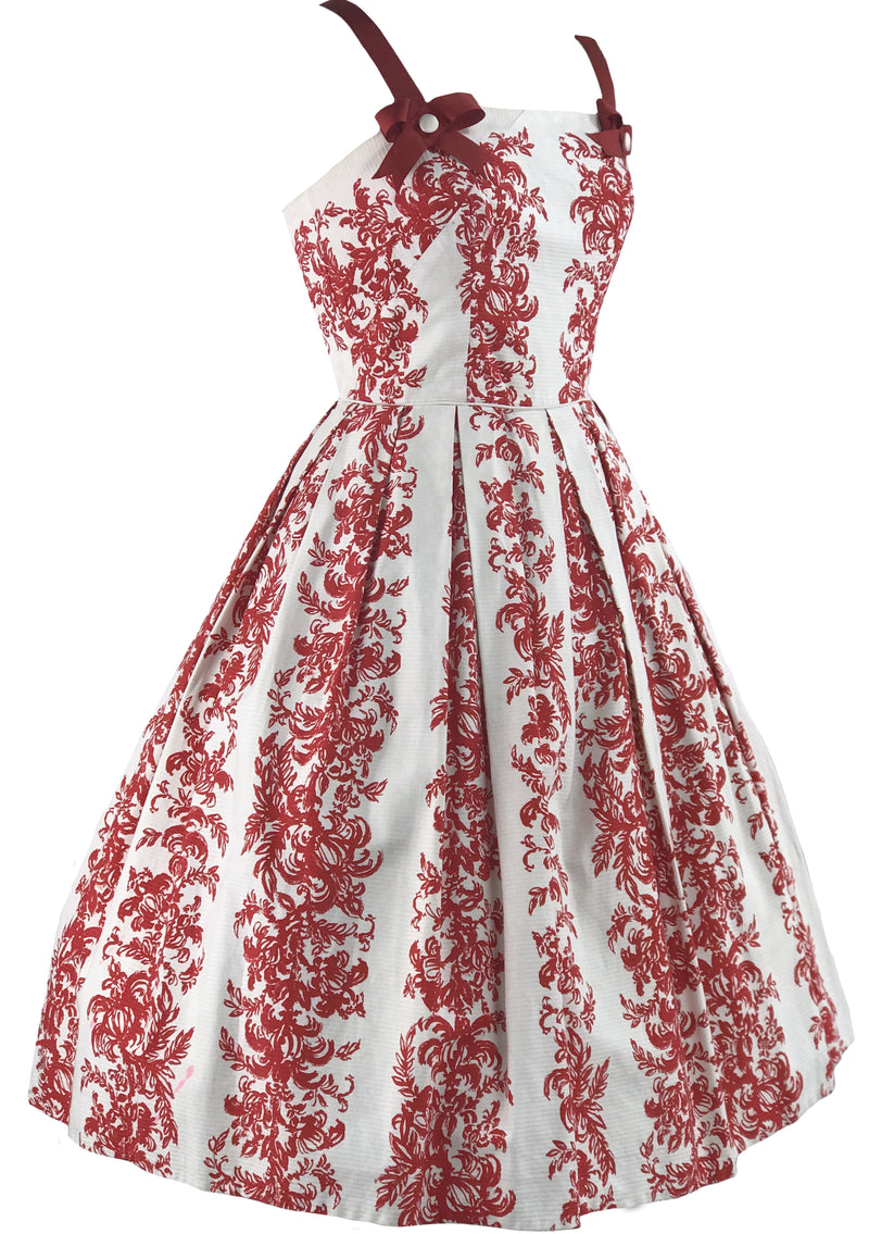 Vintage 1950s Red & White Scroll Textured Cotton Dress- New!