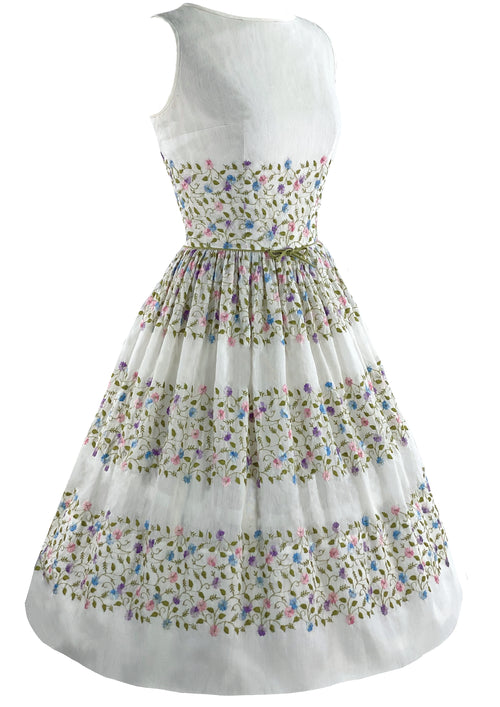Lovely 1950s White Cotton Embroidered Dress- New!