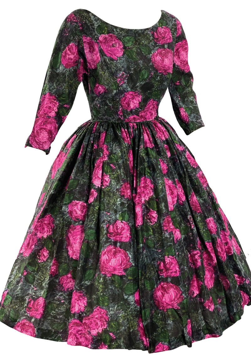 Late 1950s Early 1960s Magenta Roses Silk Dress - New!