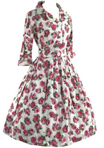 Vintage 1950s Deep Prink Rose Print Cotton Dress- New!