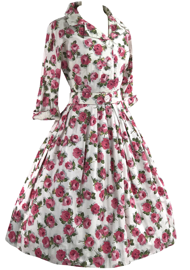 Vintage 1950s Deep Prink Rose Print Cotton Dress- New!