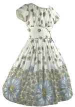 Vintage 1950s Blue Daisy Border Print Cotton Dress - New!