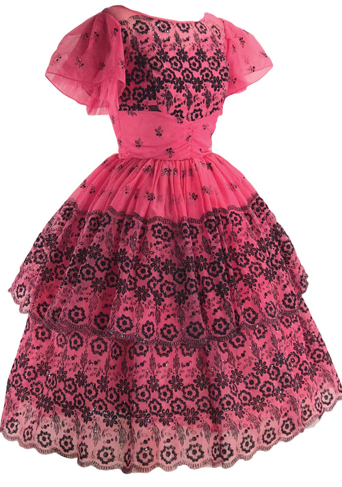 Stunning 1950s Pink Flocked Party Dress- New!