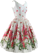 Vintage 1950s Glazed Cotton Pink Floral Border Dress  - New!