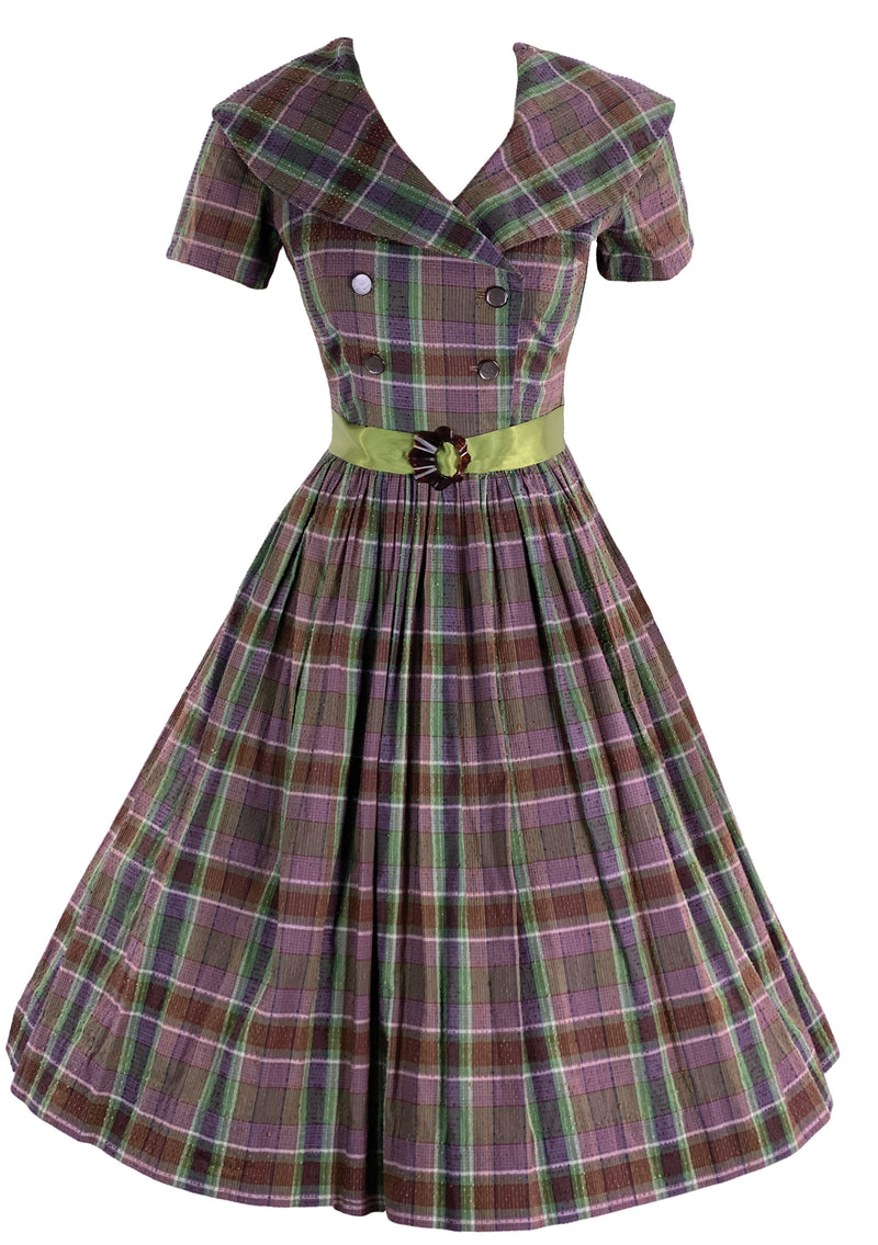 1950s Purple and Green Plaid Cotton Dress- New!