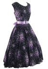 1950s Purple Floral Sprays on Black Cotton Dress- New!