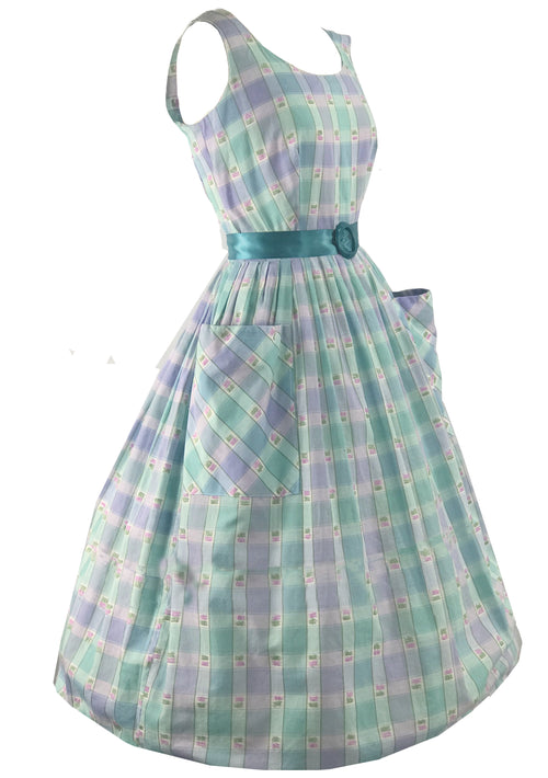 Vintage 1950s - 1960s Pastel Plaid Check Cotton Dress - New!