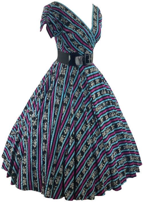 Vintage 1950s Blue and Purple Chevron Stripe Dress - New!