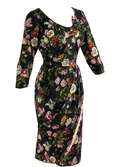 Late 1950s Black Floral Draped Wiggle Dress - NEW!