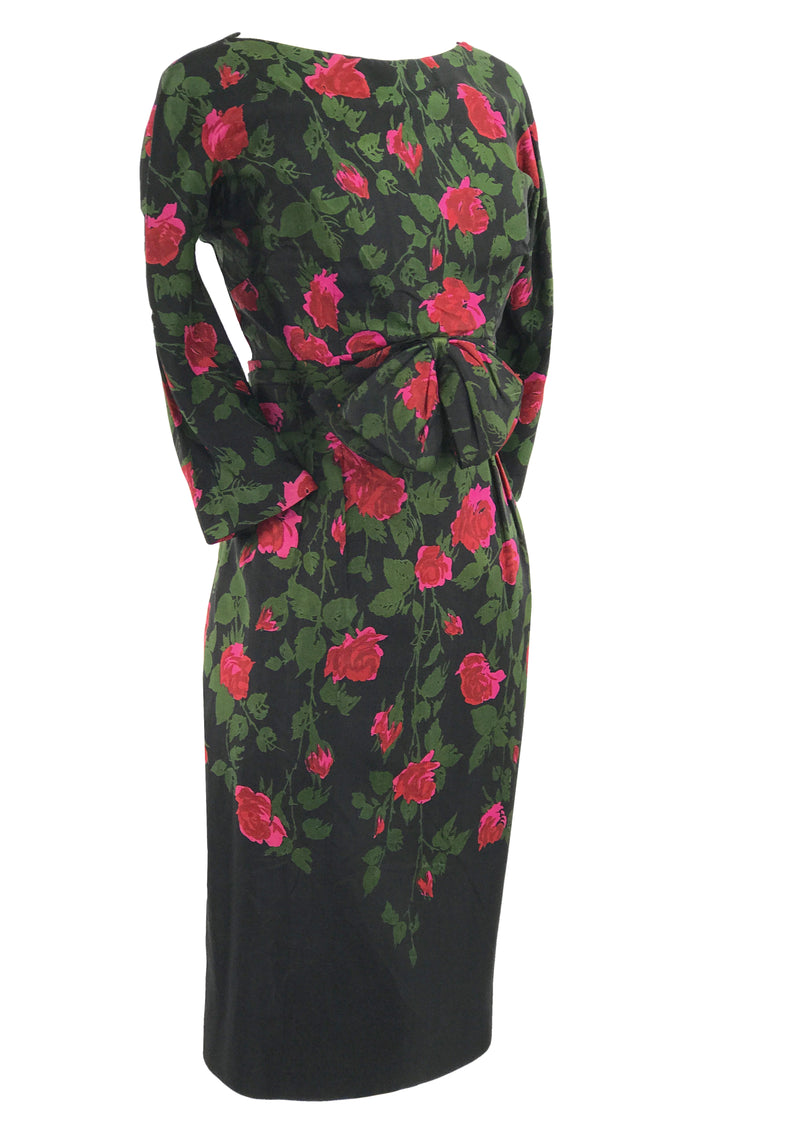 Original 1950s Pink Roses on Black Silk Dress - New!