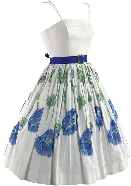 Vintage 1950s Ivory Dress with Blue Floral Border - New!