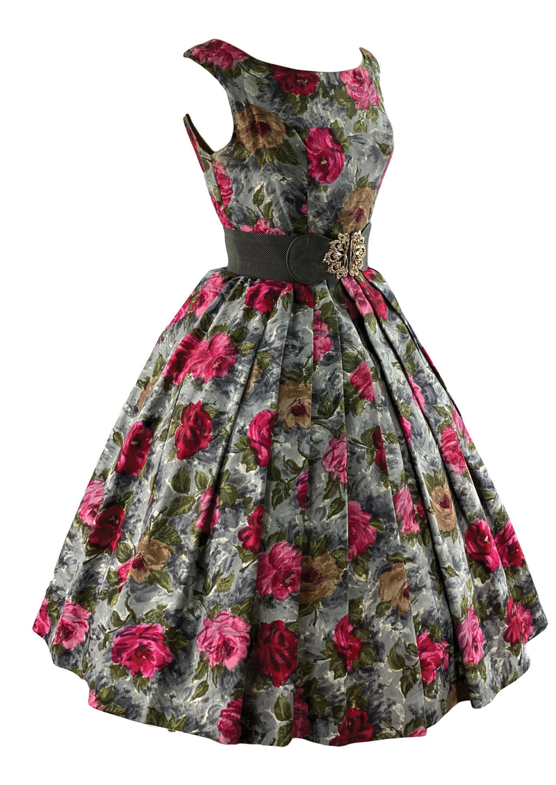 Late 1950s Vibrant Pink and Gold Roses Print Silk Dress - NEW!