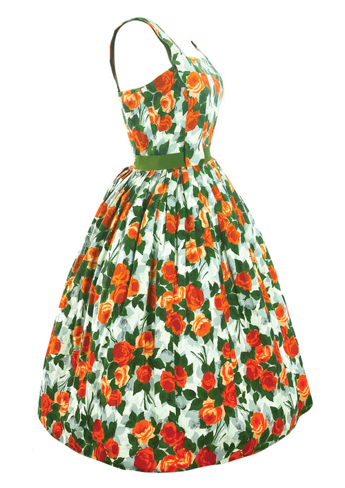 Vintage 1950s Tangerine Roses Cotton Dress- New!