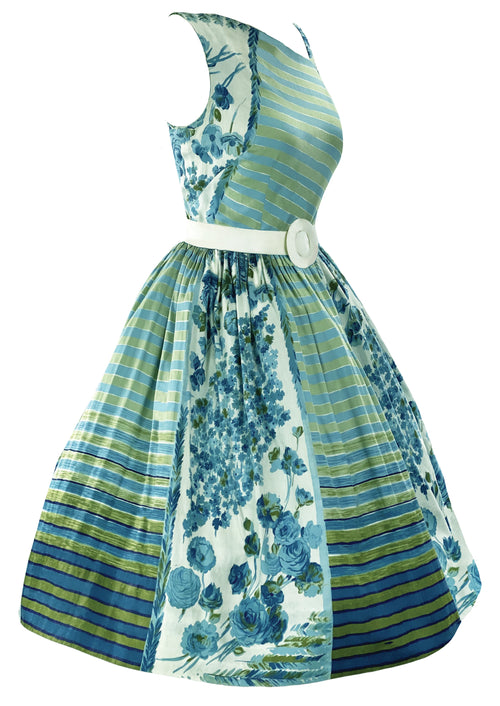 Late 1950s Blue and Green Stripes and Bouquets Cotton Dress - New!