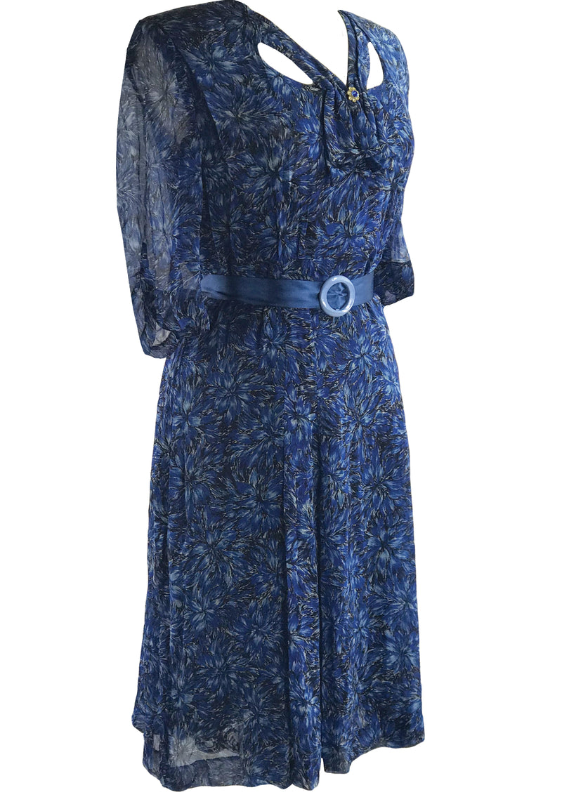 Vintage 1940s Blue Floral Chiffon Dress- New!