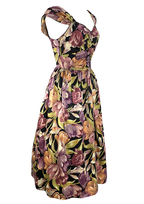 Stunning 1940s Vivid Orchid & Tulips Novelty Print Dress- New!
