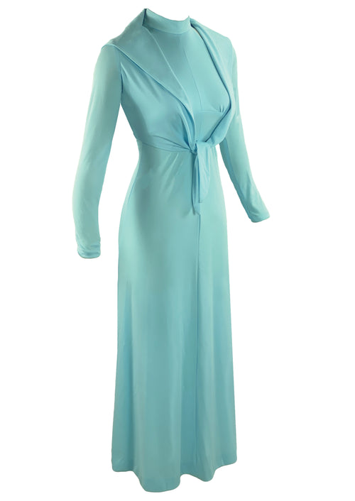 Vintage 1970s Blue Hooded Maxi Dress Ensemble - NEW!