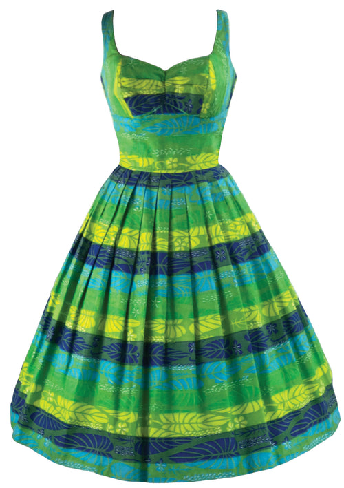 Vintage 1950s Blue & Green Cotton Kamehameha Dress - New!