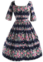 Vintage 1950s Floral Garland Navy Cotton Dress- New!