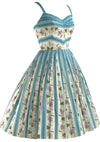 1950s Printed Blue Ribbon Stripes and Violets Dress- New!