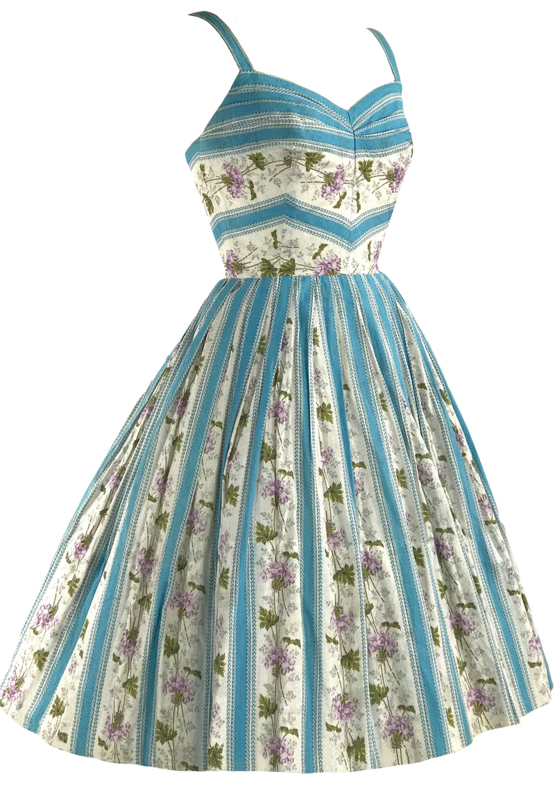 1950s Printed Blue Ribbon Stripes and Violets Dress- New!