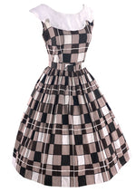 Early 1960s Chocolate & White Checkerboard Print Dress- New!